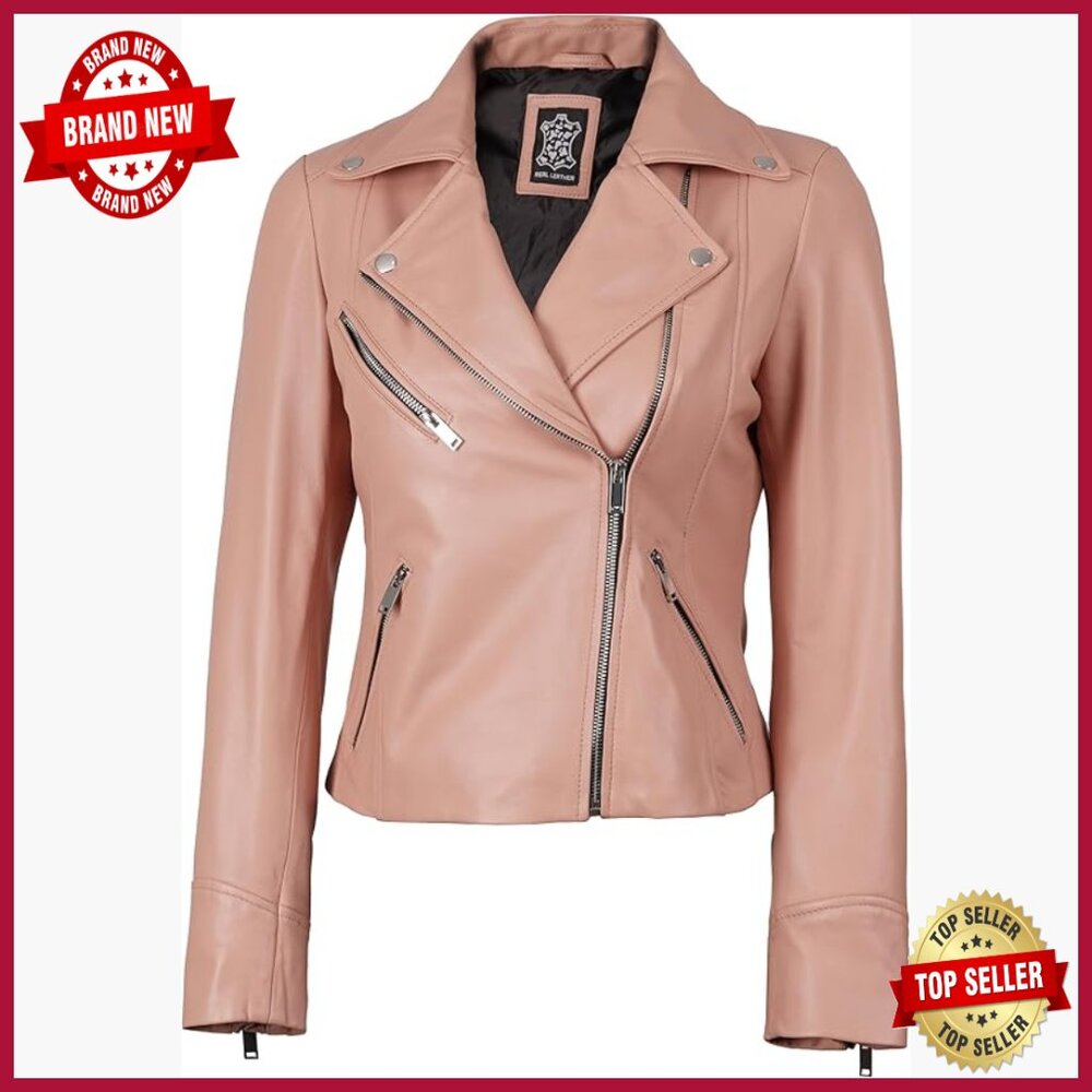 Real Lambskin Leather Jacket Asymmetrical Zipper Regular Fit Long Sleeve